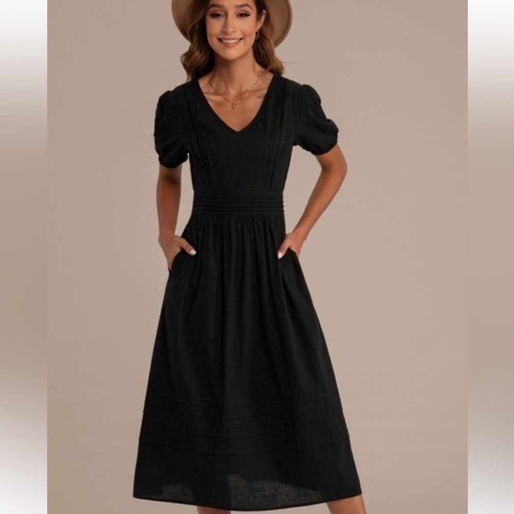 Petallush Linen/ cotton Elegant Black V neck, pin tuck Dress